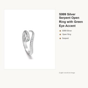 S999 Silver Serpent Open Ring with Green Eye Accent gallery image 1