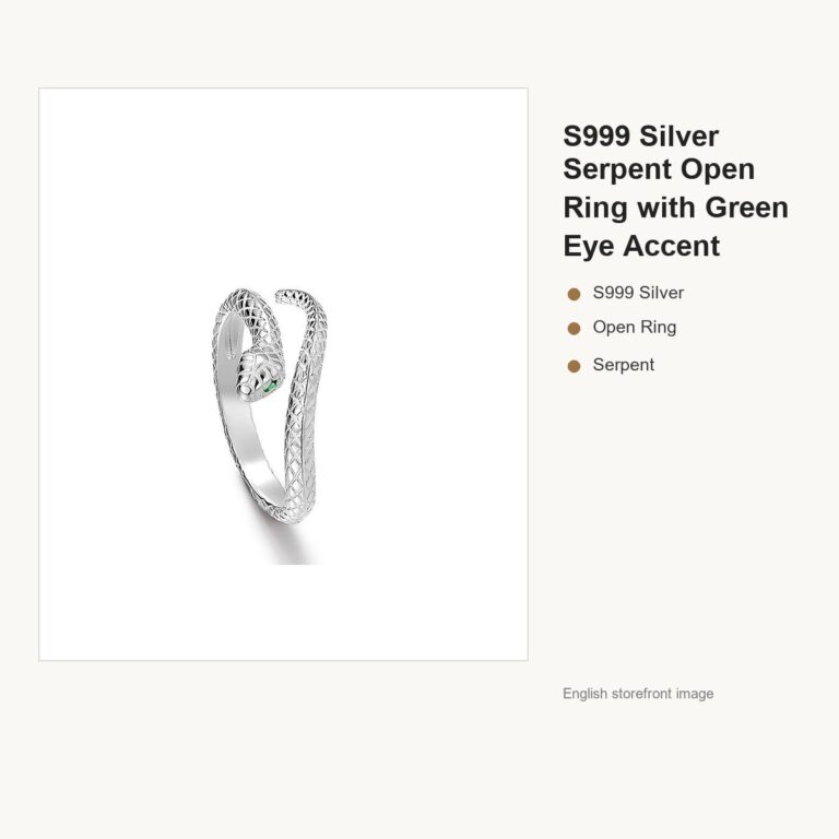 S999 Silver Serpent Open Ring with Green Eye Accent gallery image 1