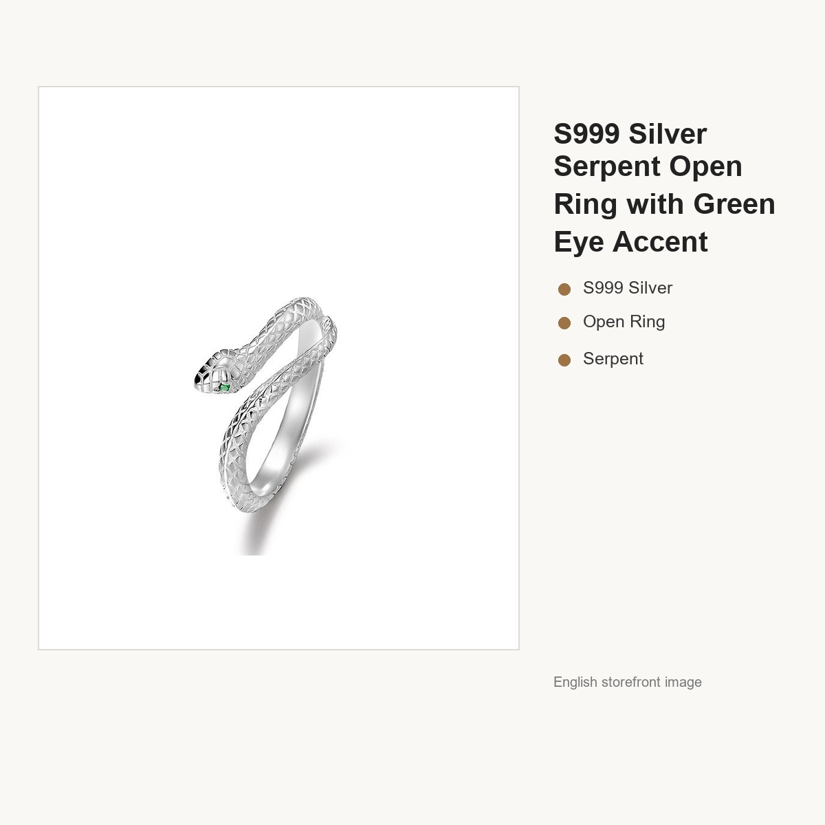 S999 Silver Serpent Open Ring with Green Eye Accent gallery image 2