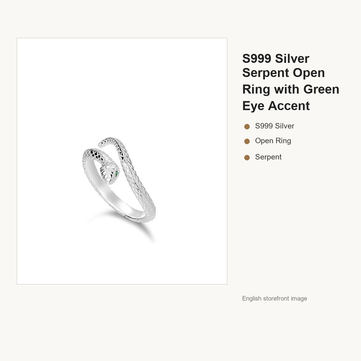 S999 Silver Serpent Open Ring with Green Eye Accent gallery image 3