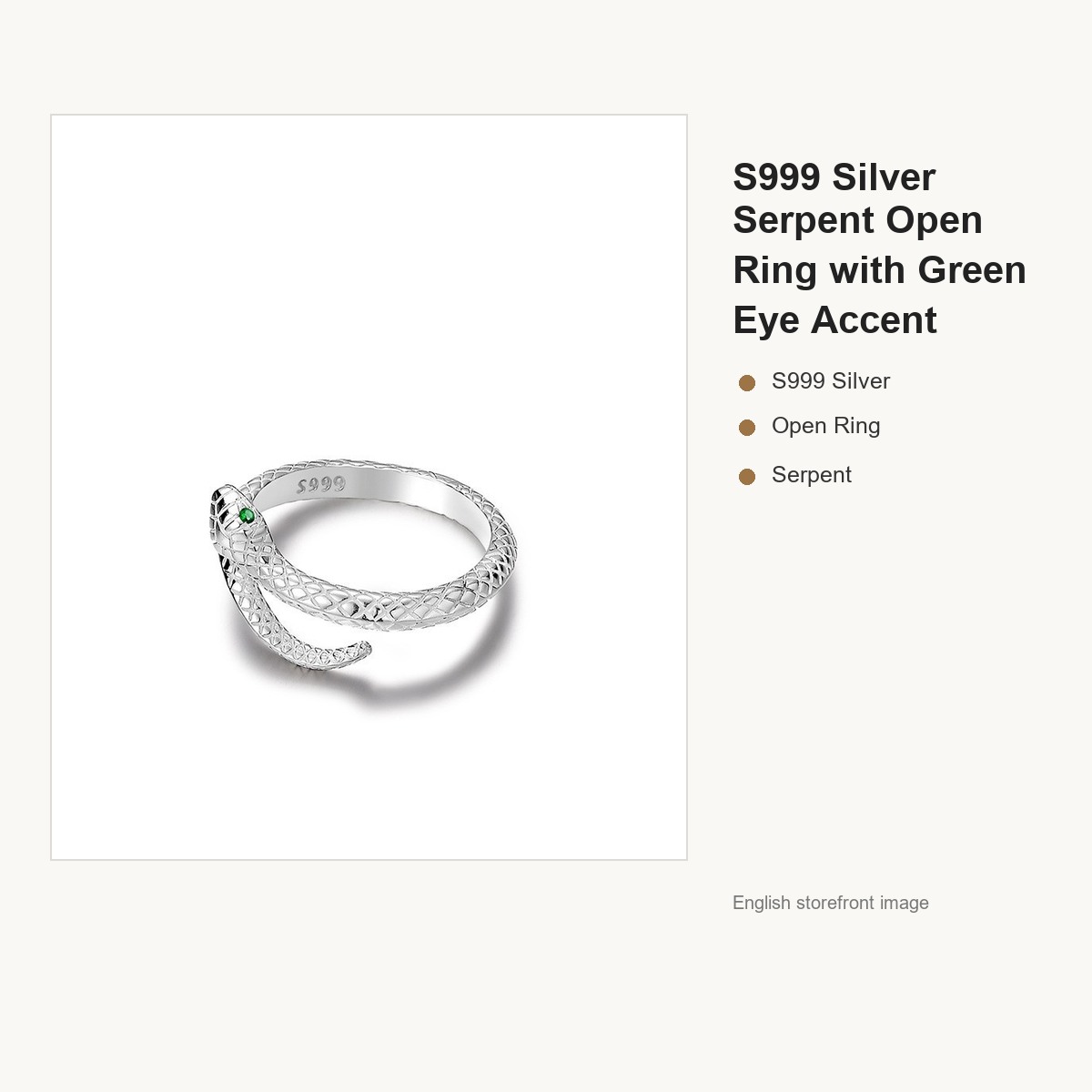 S999 Silver Serpent Open Ring with Green Eye Accent gallery image 4