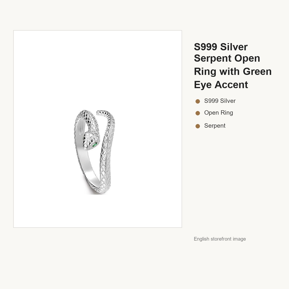 S999 Silver Serpent Open Ring with Green Eye Accent gallery image 5