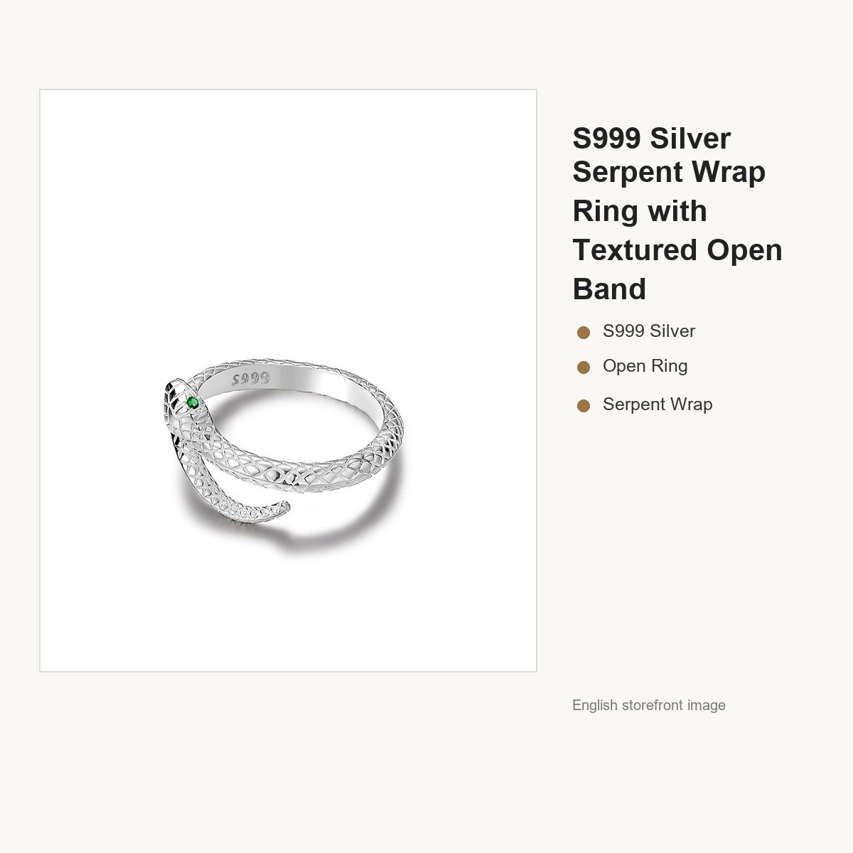 S999 Silver Serpent Wrap Ring with Textured Open Band gallery image 4