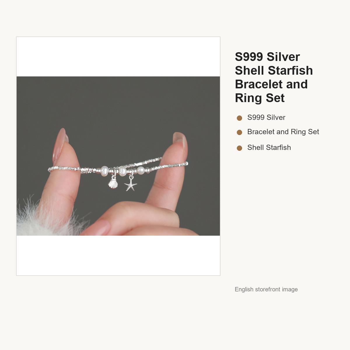 S999 Silver Shell Starfish Bracelet and Ring Set for Women gallery image 2
