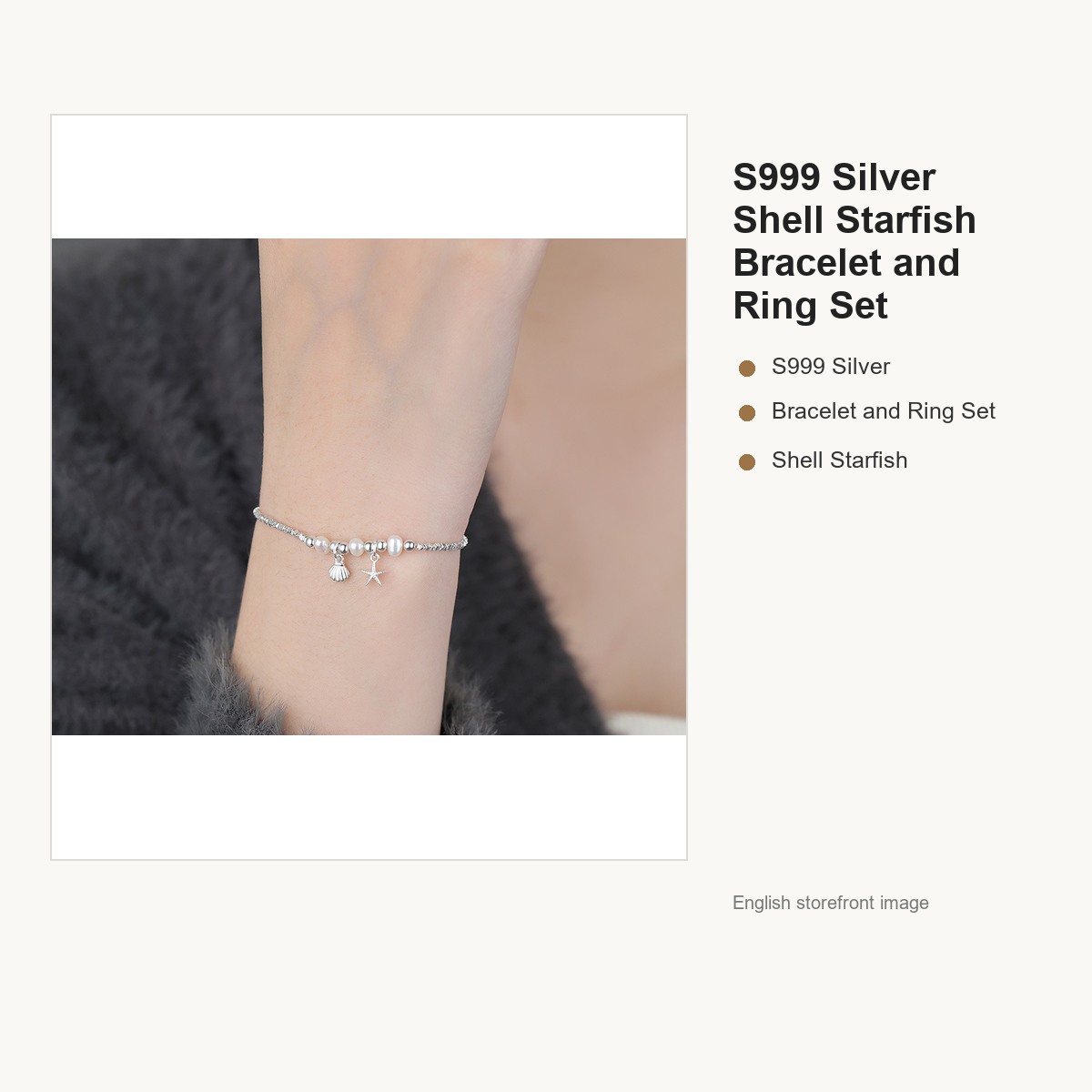 S999 Silver Shell Starfish Bracelet and Ring Set for Women gallery image 3
