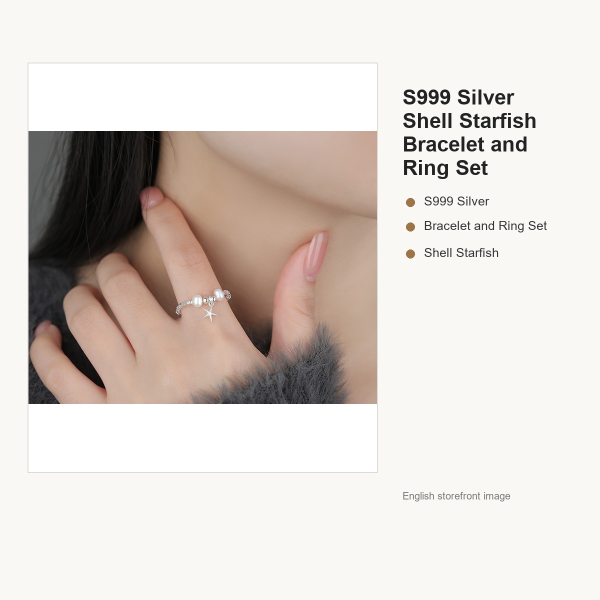 S999 Silver Shell Starfish Bracelet and Ring Set for Women gallery image 4