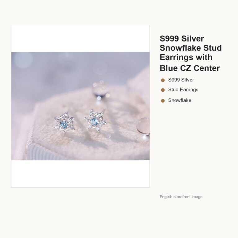 S999 Silver Snowflake Stud Earrings for Women with Blue CZ Center gallery image 1