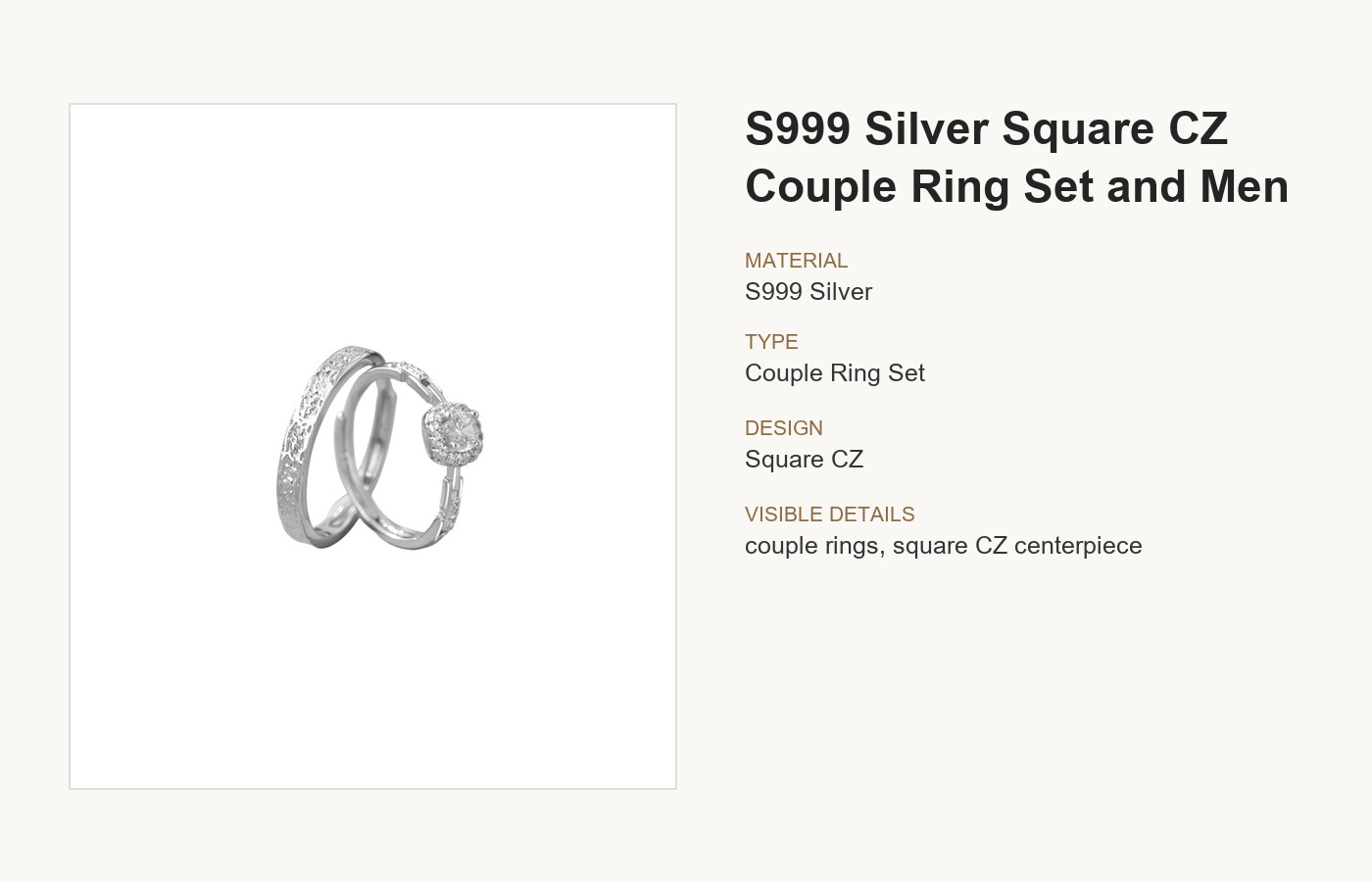 S999 Silver Square CZ Couple Ring Set for Women and Men detail image