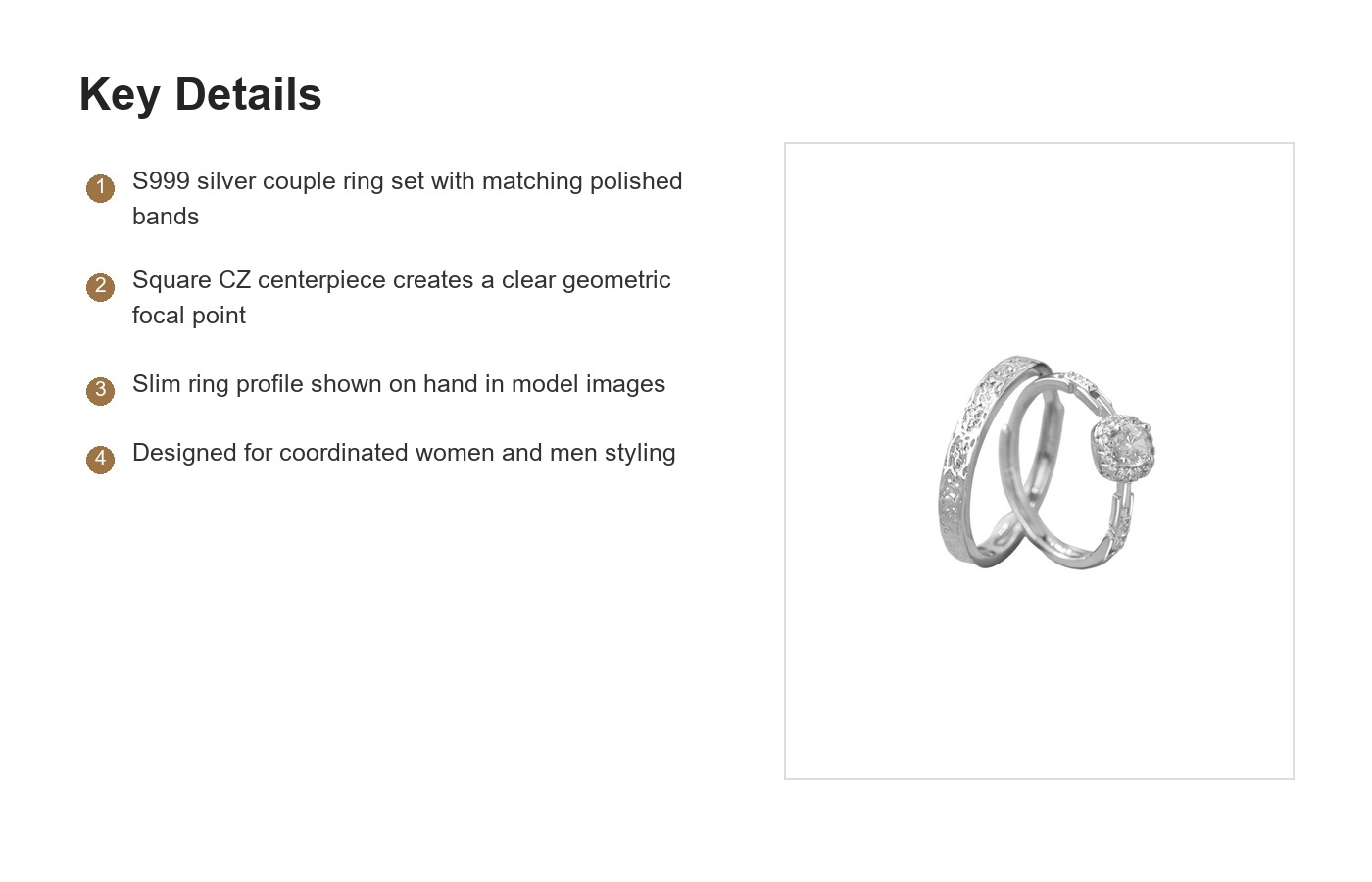 S999 Silver Square CZ Couple Ring Set for Women and Men detail image