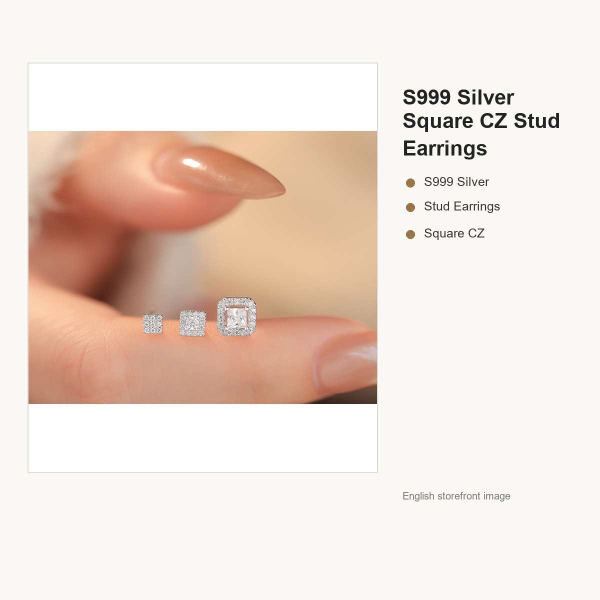 S999 Silver Square CZ Stud Earrings for Women gallery image 2