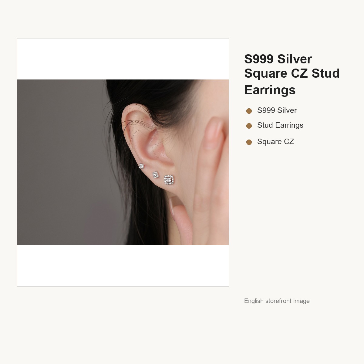 S999 Silver Square CZ Stud Earrings for Women gallery image 3
