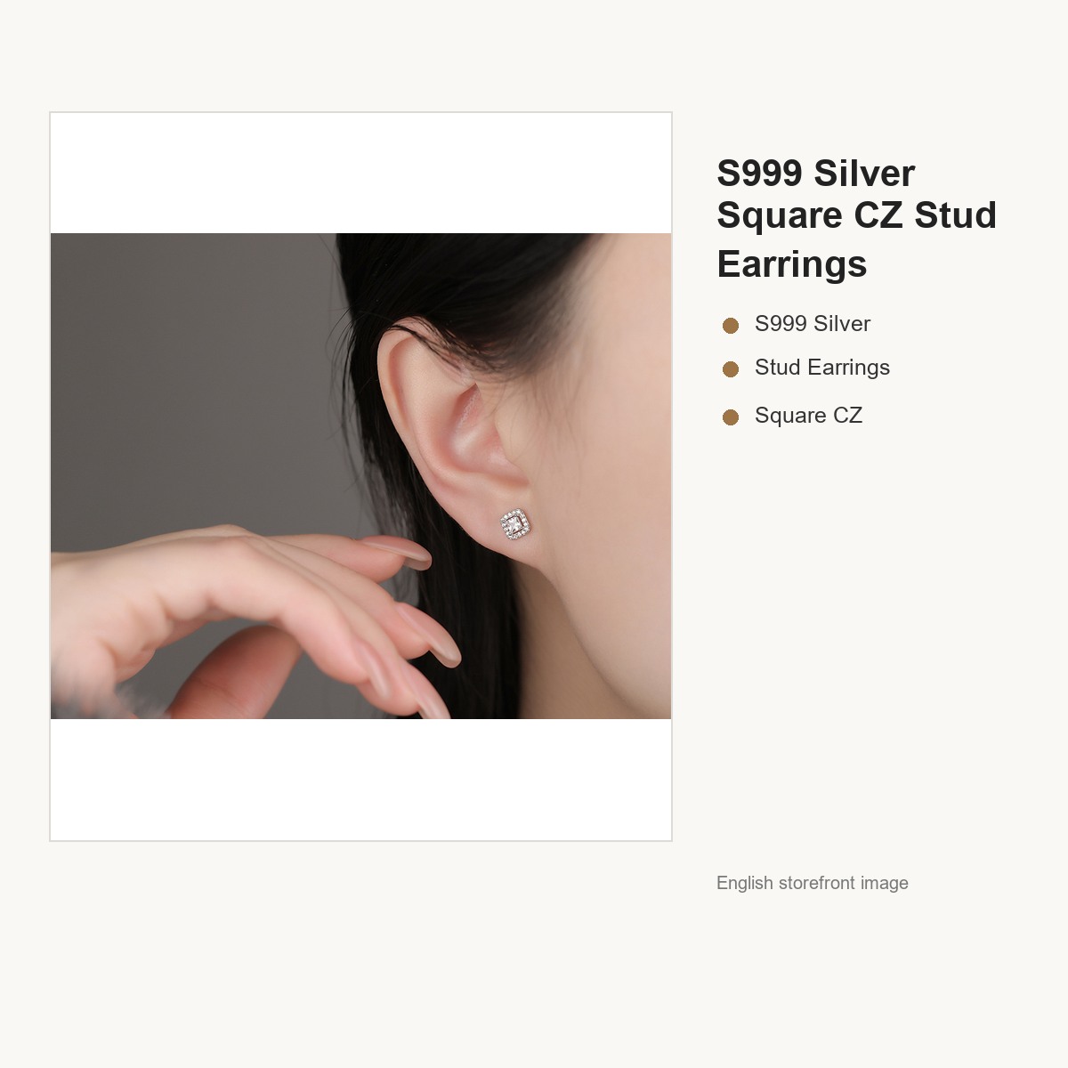 S999 Silver Square CZ Stud Earrings for Women gallery image 4