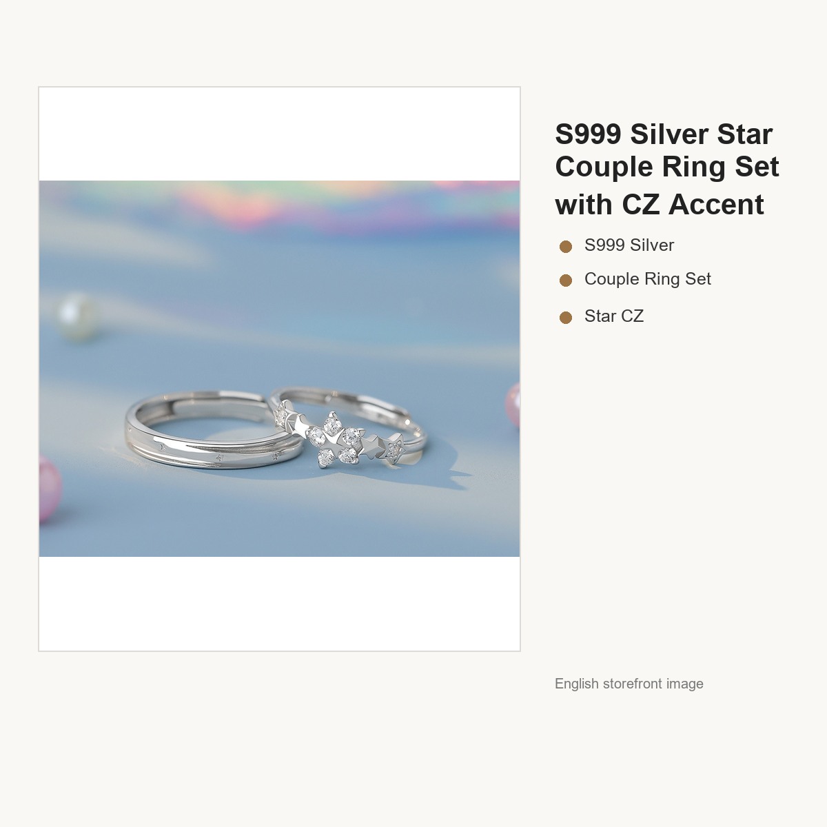 S999 Silver Star Couple Ring Set with CZ Accent gallery image 1