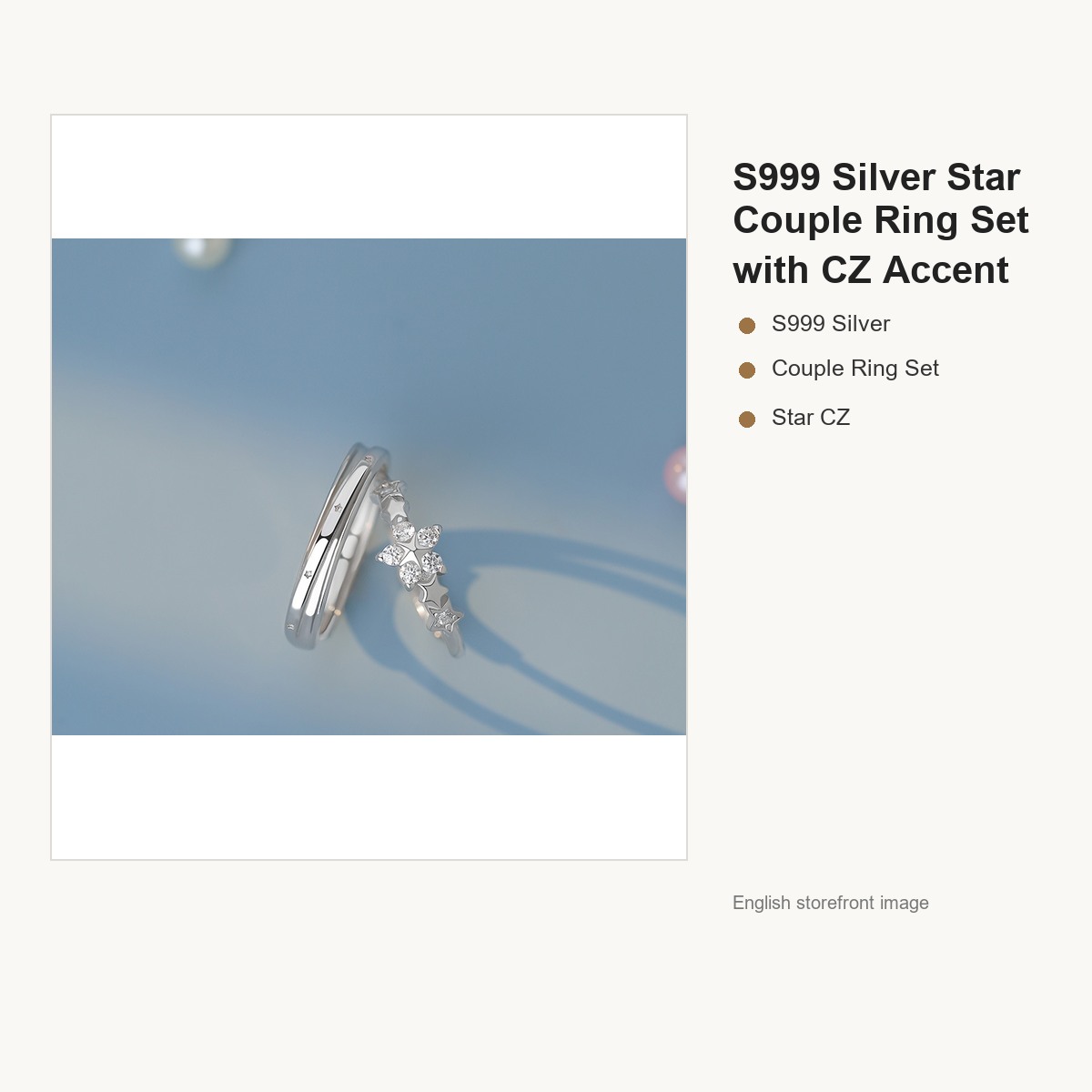 S999 Silver Star Couple Ring Set with CZ Accent gallery image 2