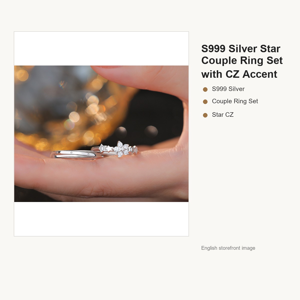 S999 Silver Star Couple Ring Set with CZ Accent gallery image 3