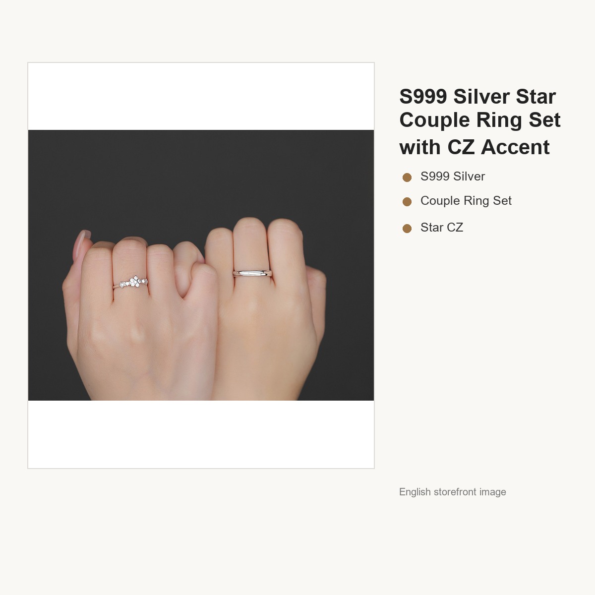 S999 Silver Star Couple Ring Set with CZ Accent gallery image 4