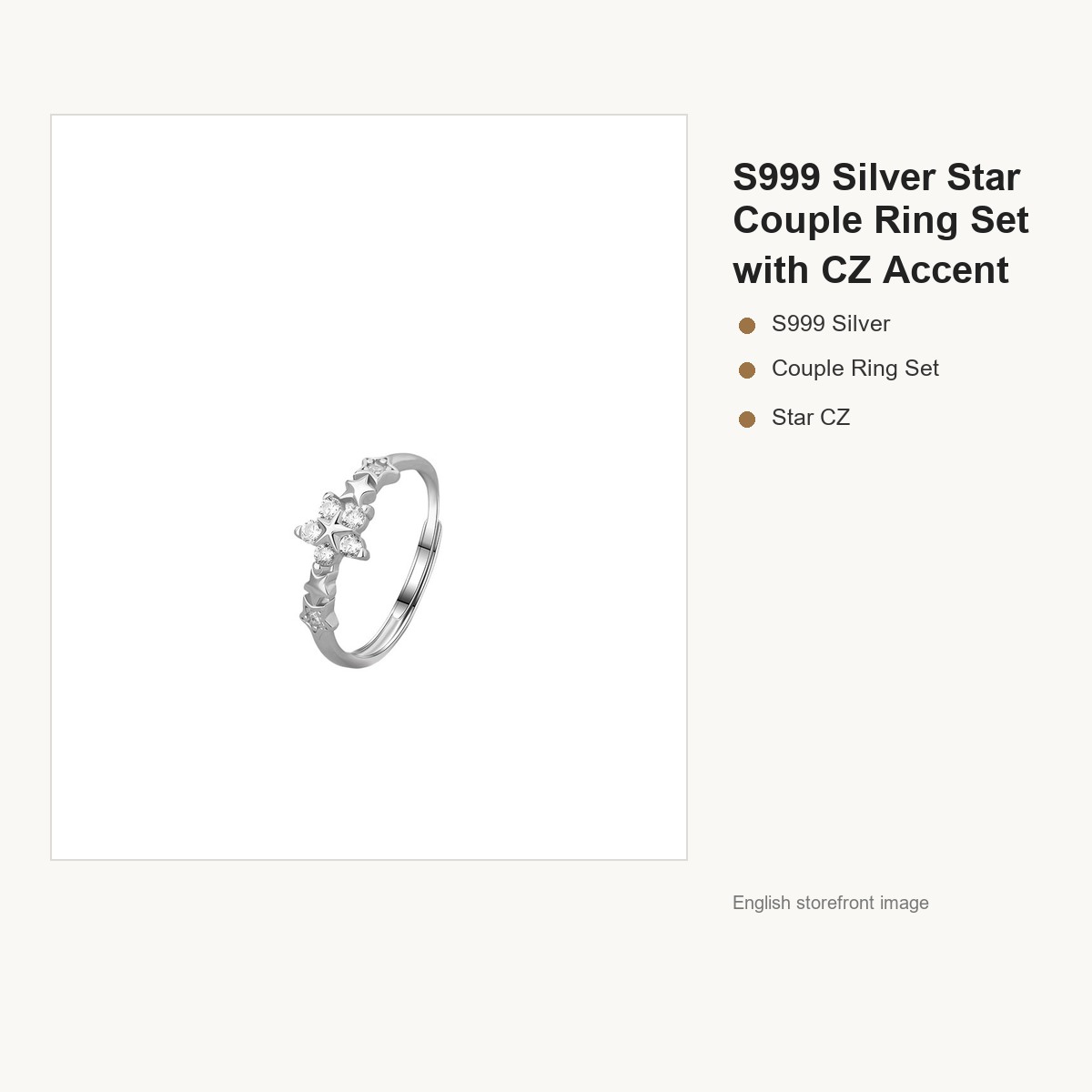 S999 Silver Star Couple Ring Set with CZ Accent gallery image 5