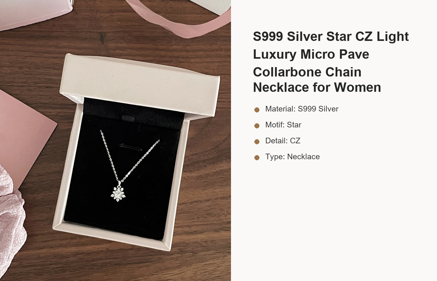 S999 Silver Star CZ Light Luxury Micro Pave Collarbone Chain Necklace for Women detail image