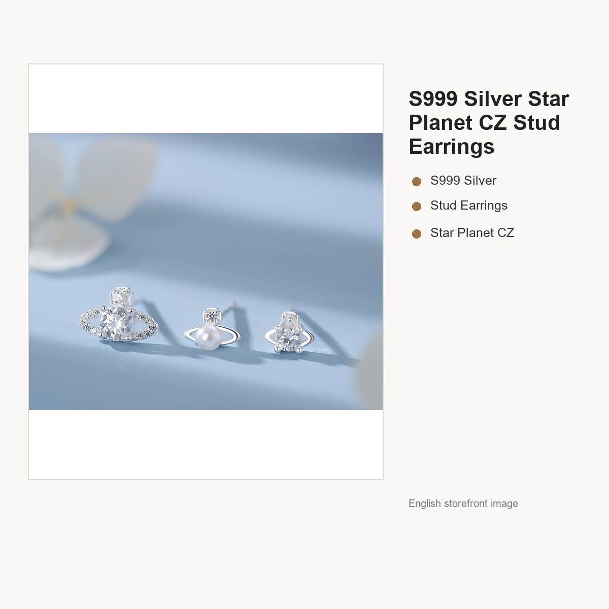 S999 Silver Star Planet CZ Stud Earrings for Women gallery image 2