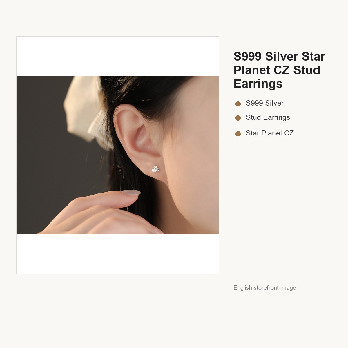 S999 Silver Star Planet CZ Stud Earrings for Women gallery image 4