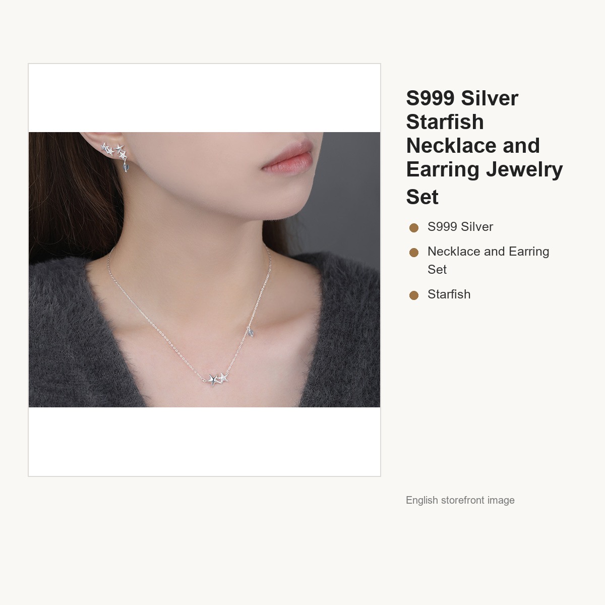 S999 Silver Starfish Necklace and Earring Jewelry Set gallery image 3