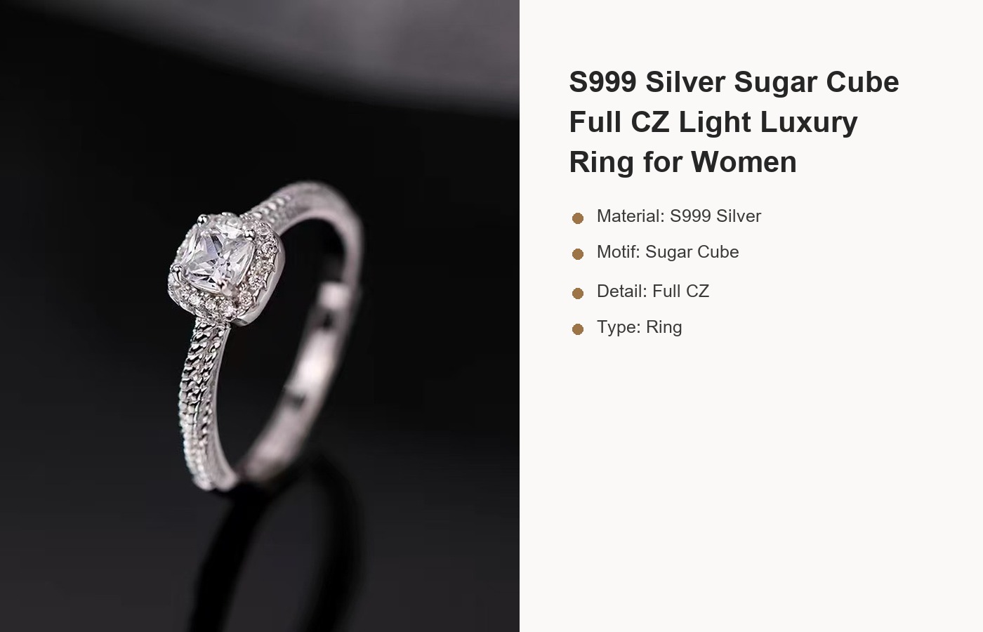 S999 Silver Sugar Cube Full CZ Light Luxury Ring for Women detail image