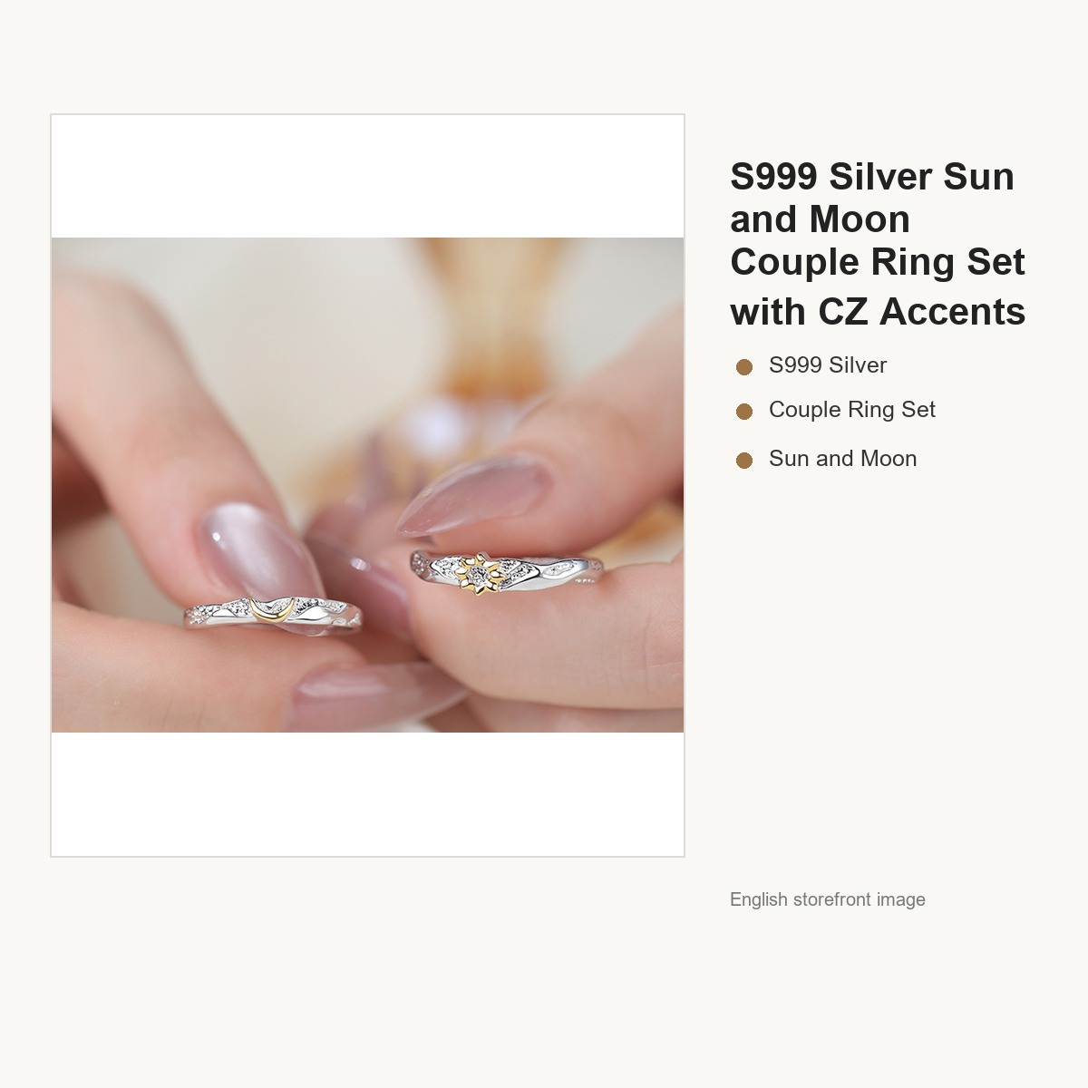 S999 Silver Sun and Moon Couple Ring Set with CZ Accents gallery image 1