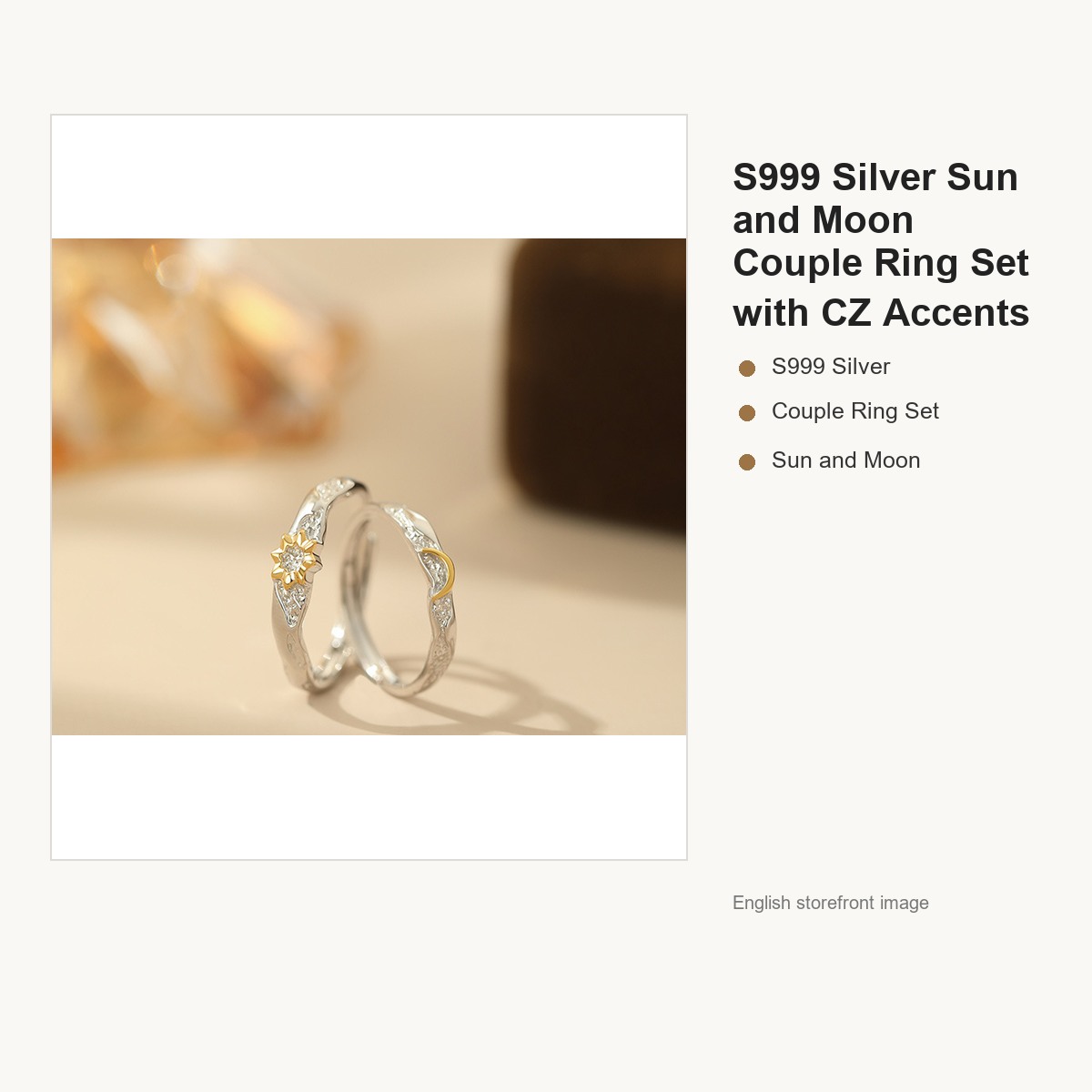 S999 Silver Sun and Moon Couple Ring Set with CZ Accents gallery image 2