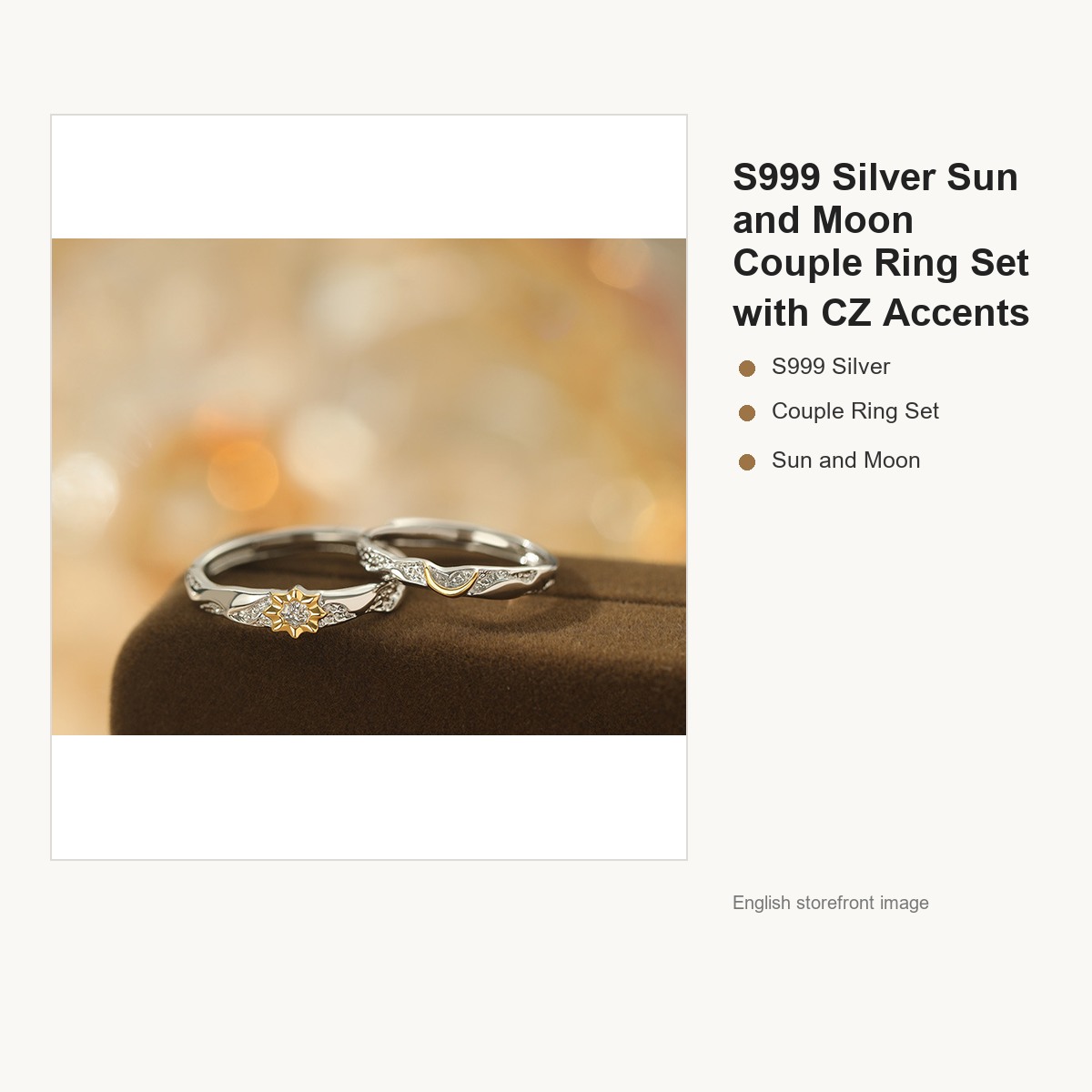 S999 Silver Sun and Moon Couple Ring Set with CZ Accents gallery image 3