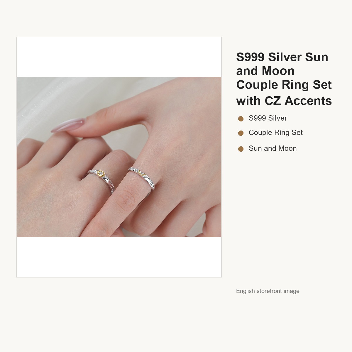 S999 Silver Sun and Moon Couple Ring Set with CZ Accents gallery image 4