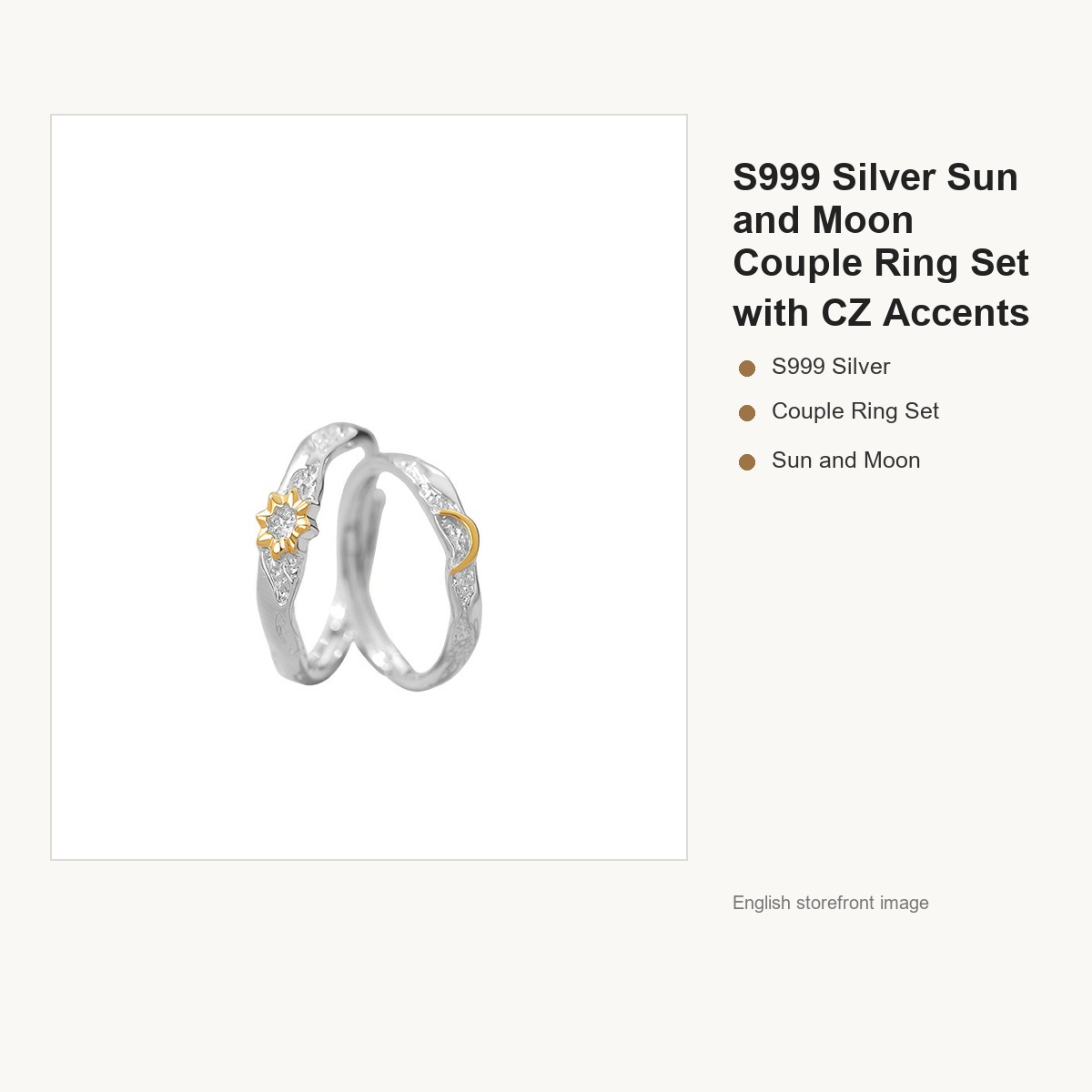 S999 Silver Sun and Moon Couple Ring Set with CZ Accents gallery image 5