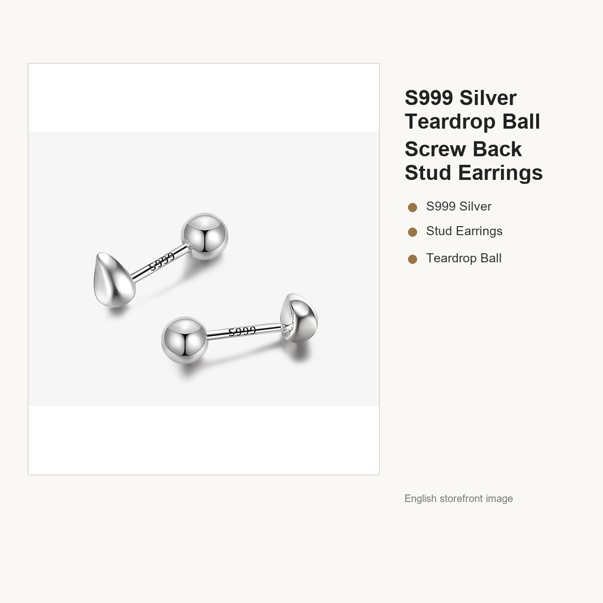S999 Silver Teardrop Ball Screw Back Stud Earrings gallery image 2