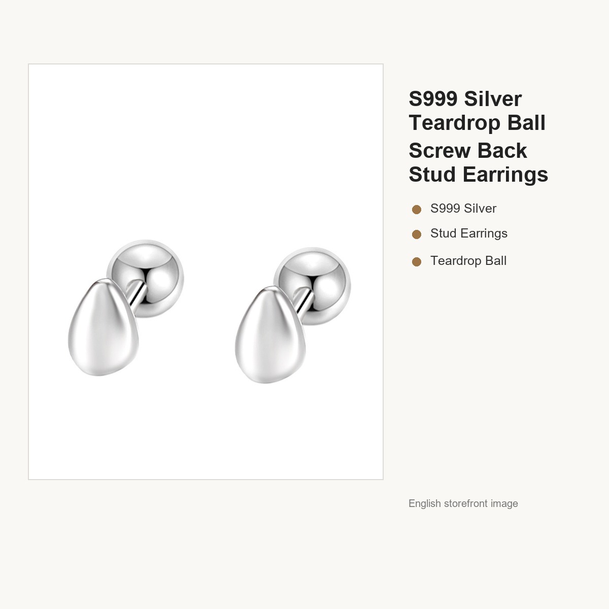 S999 Silver Teardrop Ball Screw Back Stud Earrings gallery image 5