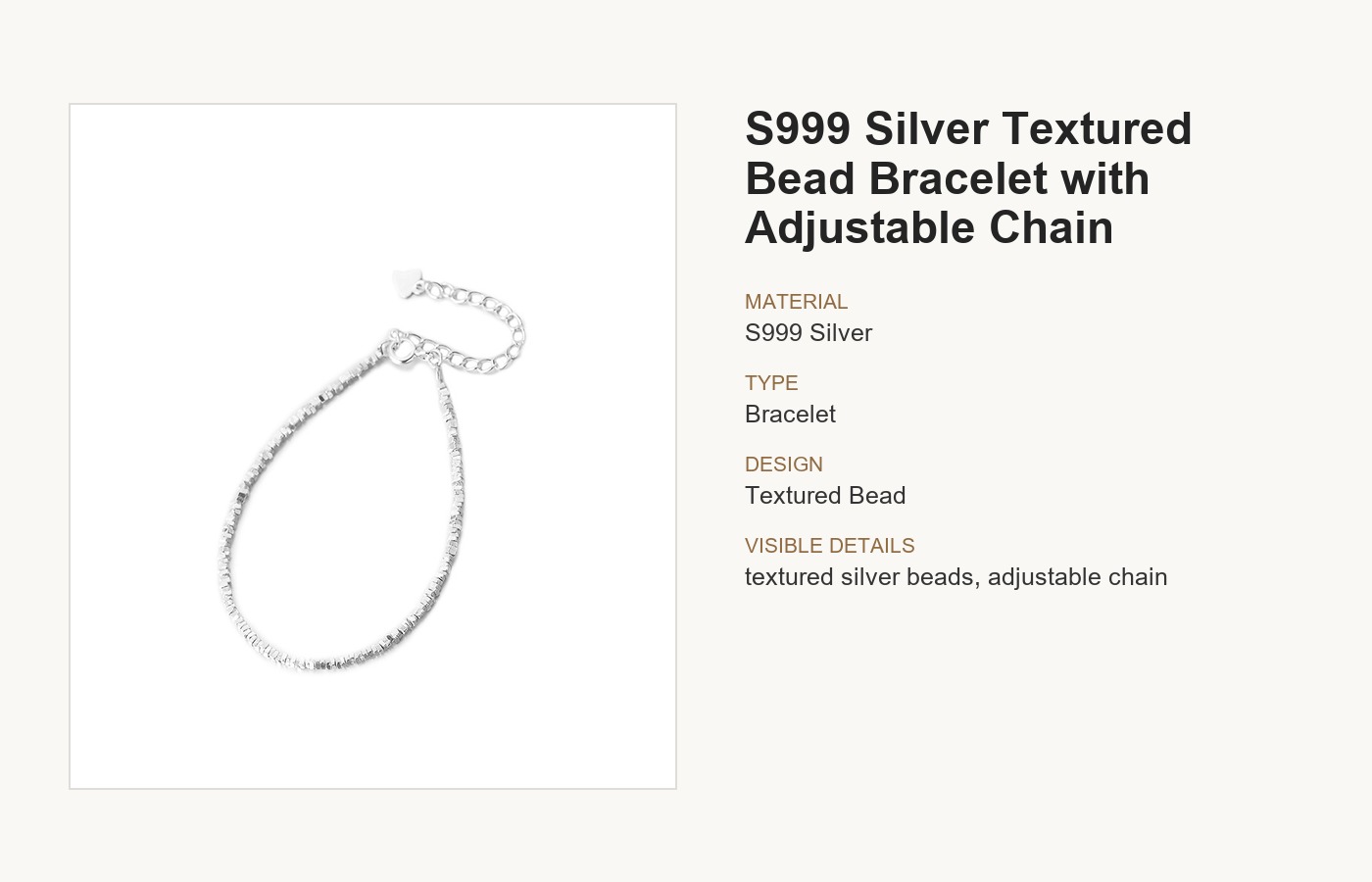 S999 Silver Textured Bead Bracelet for Women with Adjustable Chain detail image