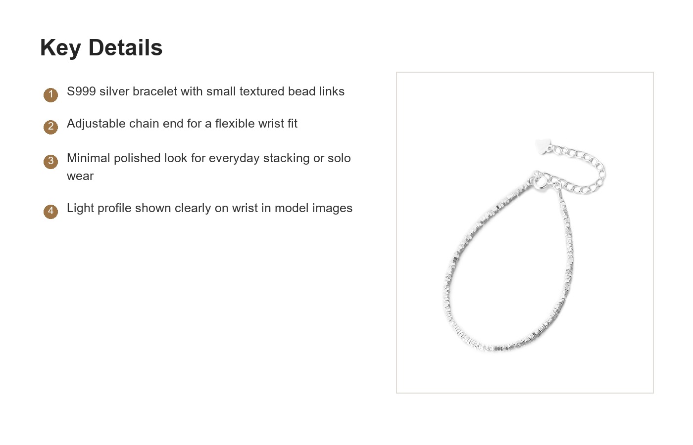 S999 Silver Textured Bead Bracelet for Women with Adjustable Chain detail image