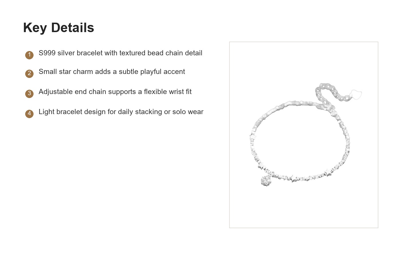 S999 Silver Textured Bead Star Bracelet for Women detail image