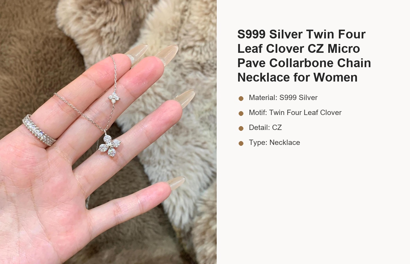 S999 Silver Twin Four Leaf Clover CZ Micro Pave Collarbone Chain Necklace for Women detail image