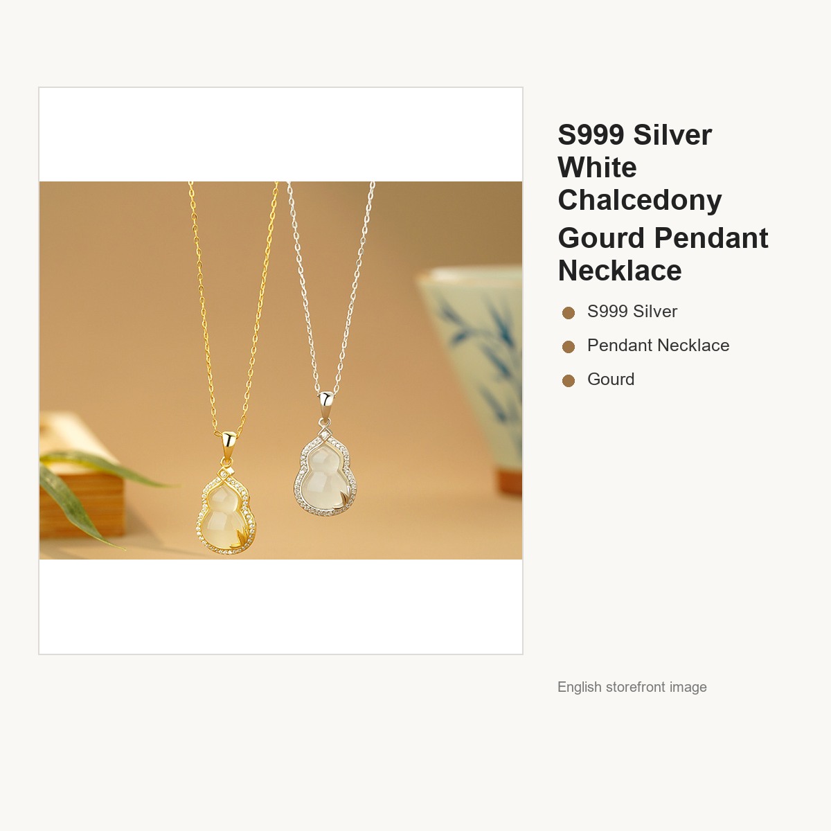 S999 Silver White Chalcedony Gourd Pendant Necklace for Women gallery image 1