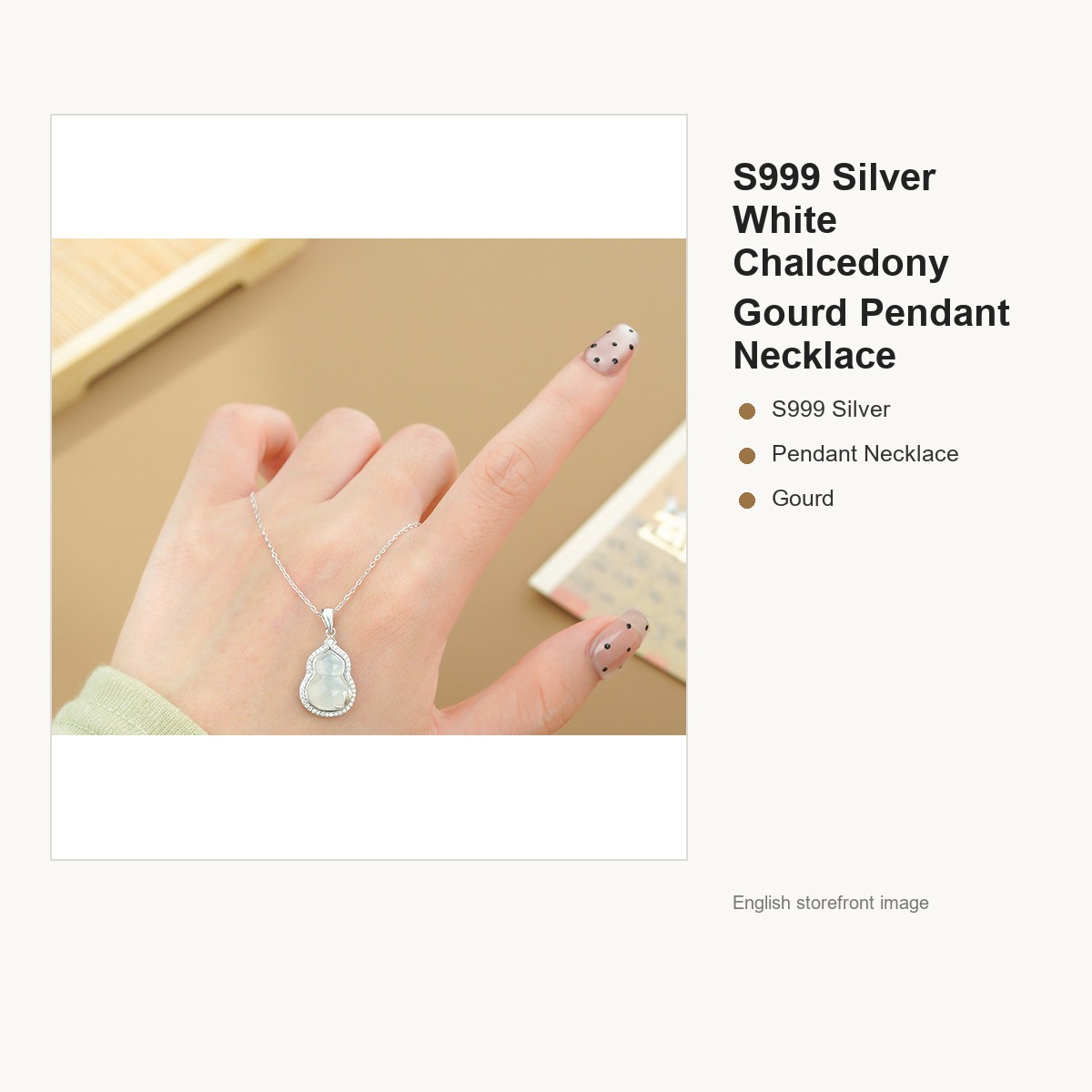 S999 Silver White Chalcedony Gourd Pendant Necklace for Women gallery image 2