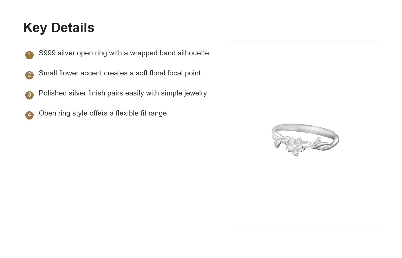 S999 Silver Wrapped Flower Open Ring for Women detail image