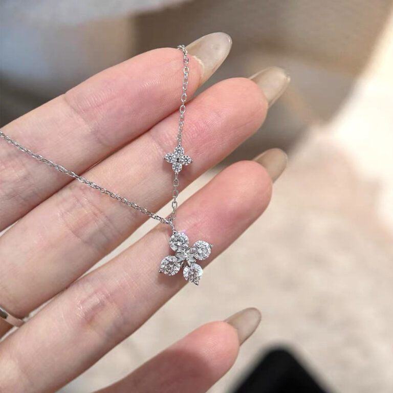 S999 Silver Twin Four Leaf Clover CZ Micro Pave Collarbone Chain Necklace for Women product image 1