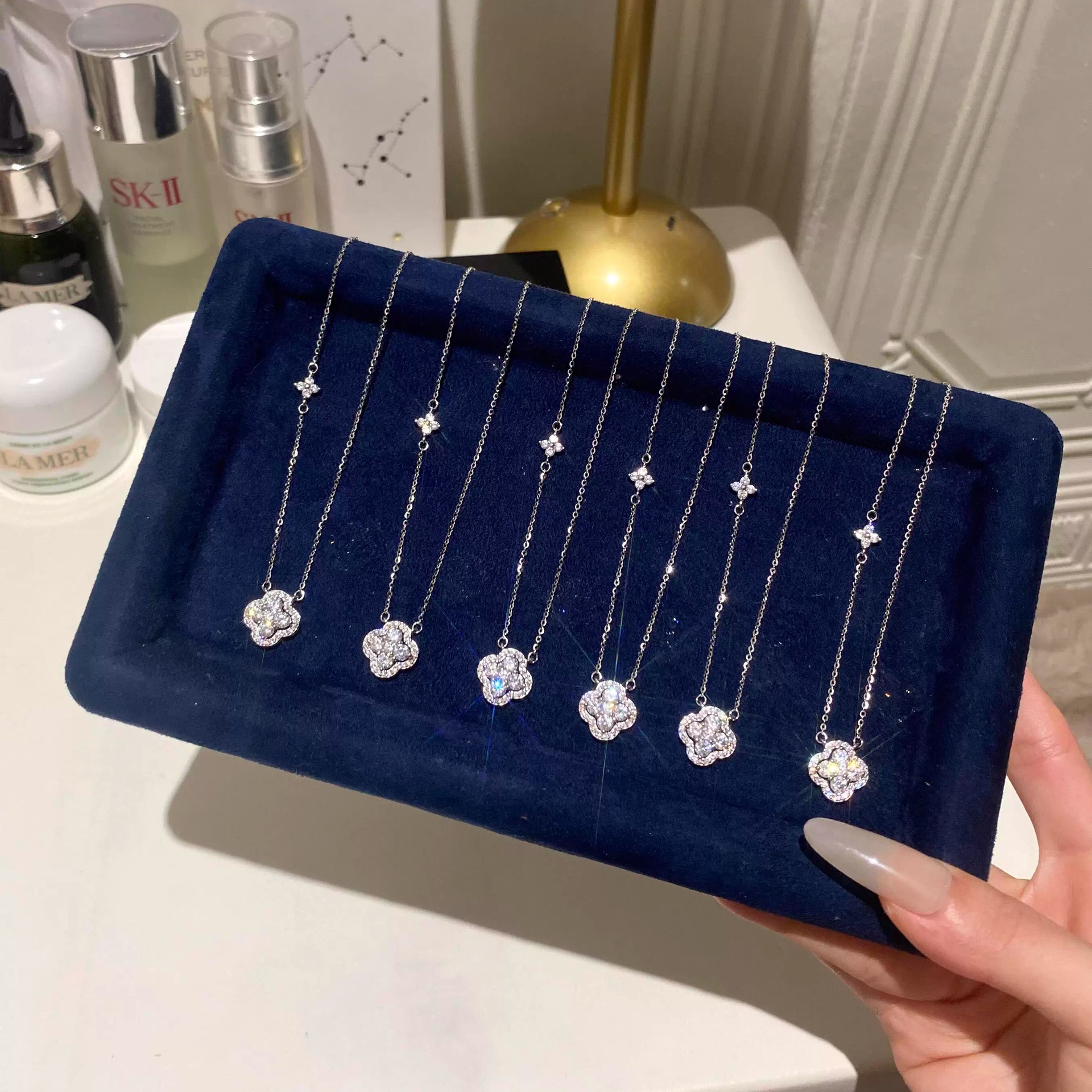 Silver lucky clover CZ necklace display tray main image