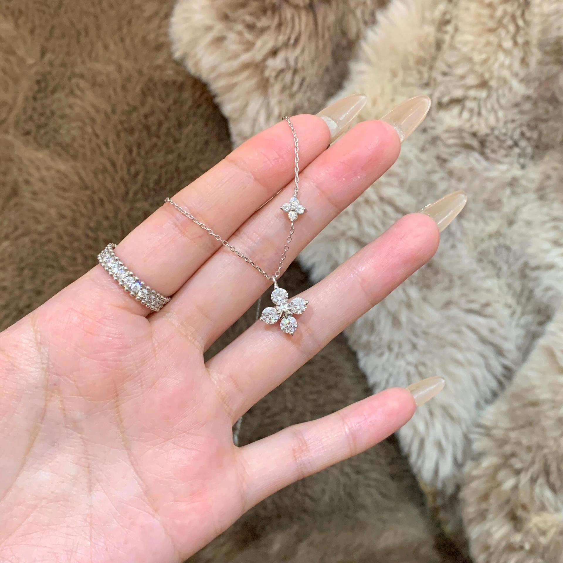 S999 Silver Twin Four Leaf Clover CZ Micro Pave Collarbone Chain Necklace for Women product image 2