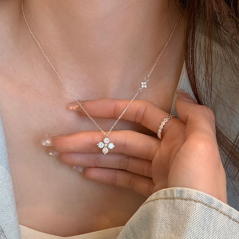 S999 Silver Twin Four Leaf Clover CZ Micro Pave Collarbone Chain Necklace for Women product image 3