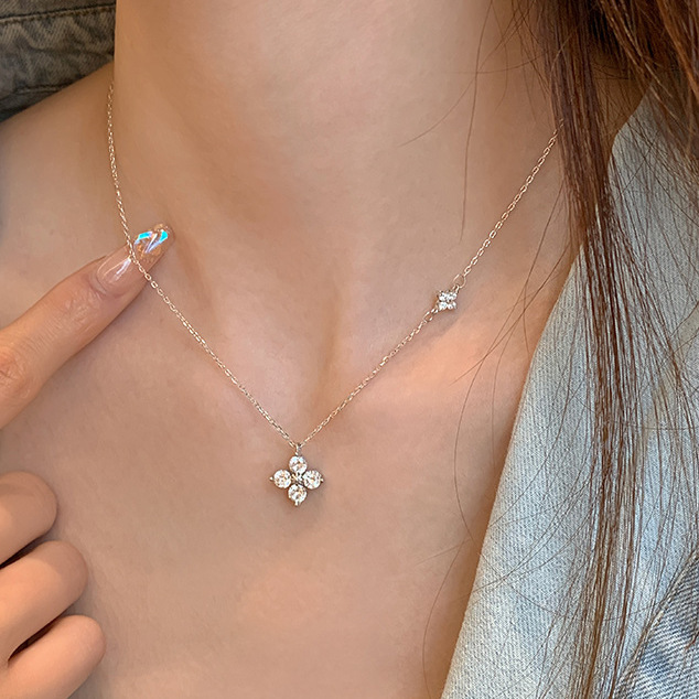 S999 Silver Twin Four Leaf Clover CZ Micro Pave Collarbone Chain Necklace for Women product image 4