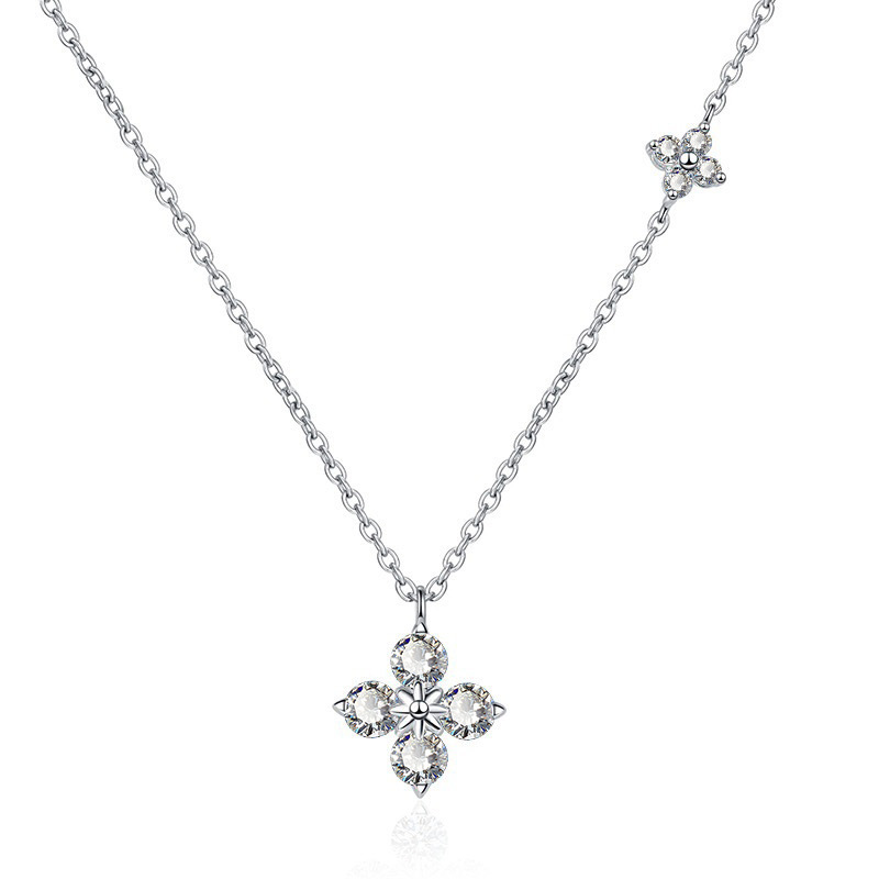 S999 Silver Twin Four Leaf Clover CZ Micro Pave Collarbone Chain Necklace for Women product image 5