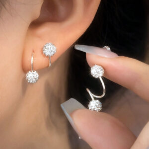 S999 silver S-shape CZ ball stud earrings worn main image