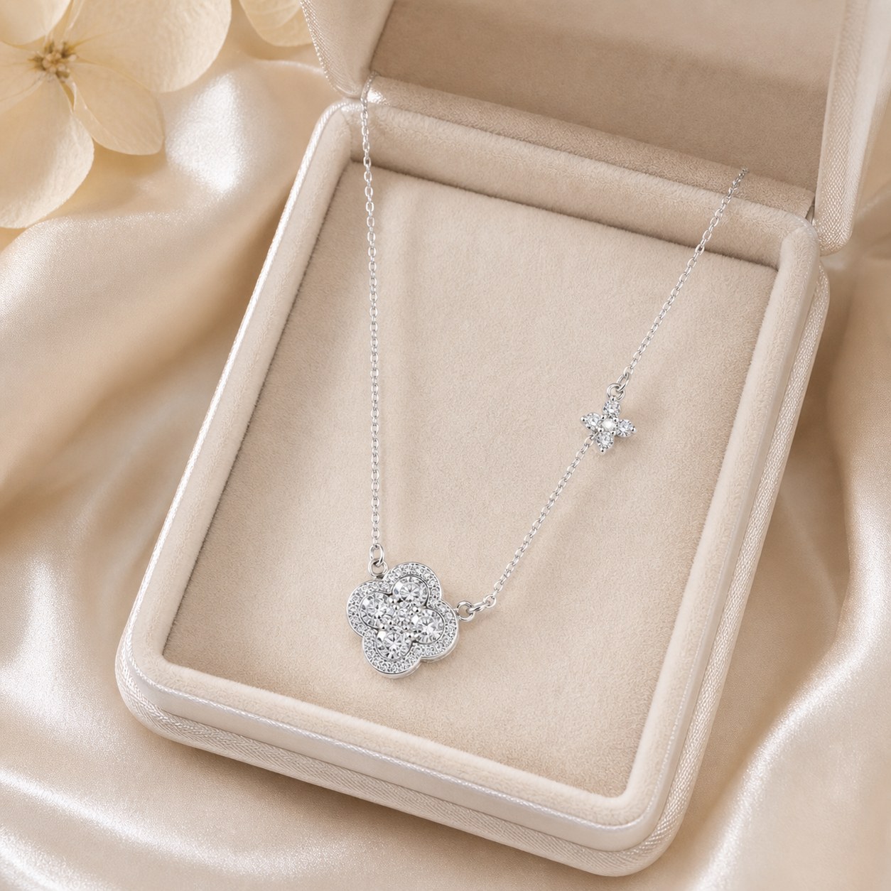 Silver Lucky Clover CZ Collarbone Necklace for Women, S925 or Fine Silver detail image