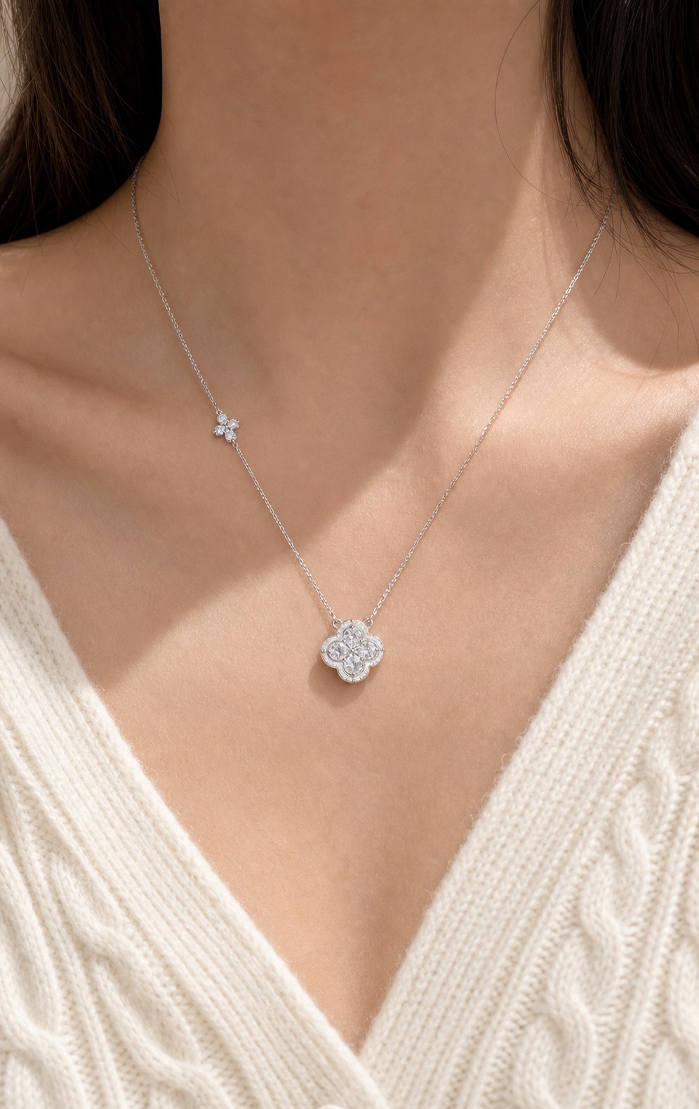 Silver Lucky Clover CZ Collarbone Necklace for Women, S925 or Fine Silver detail image
